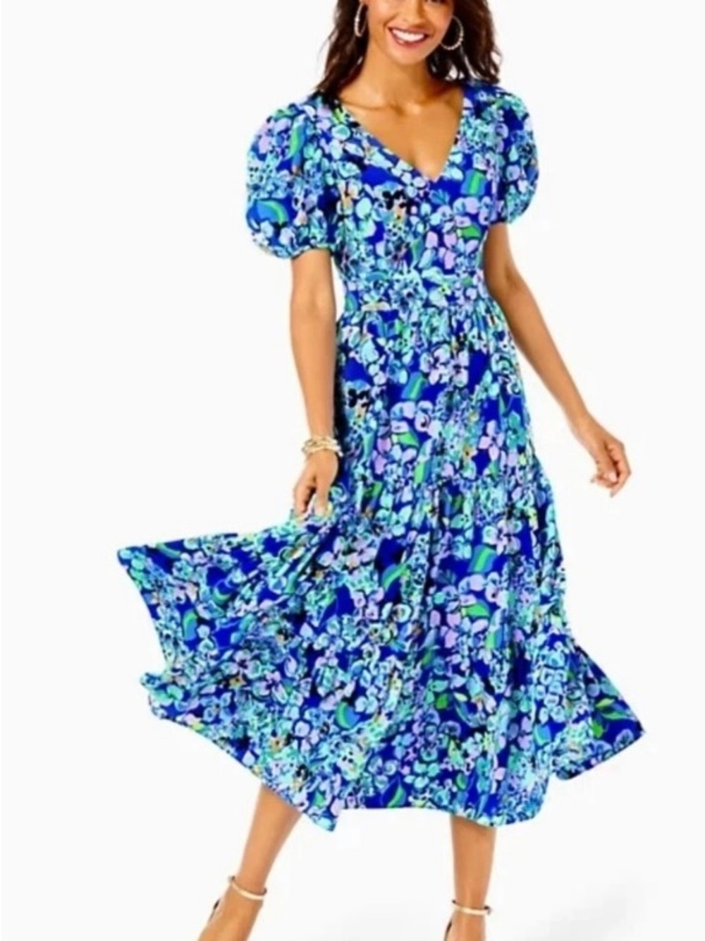 Lilly Pulitzer Blue Floral V-Neck Tiered Midi Dress